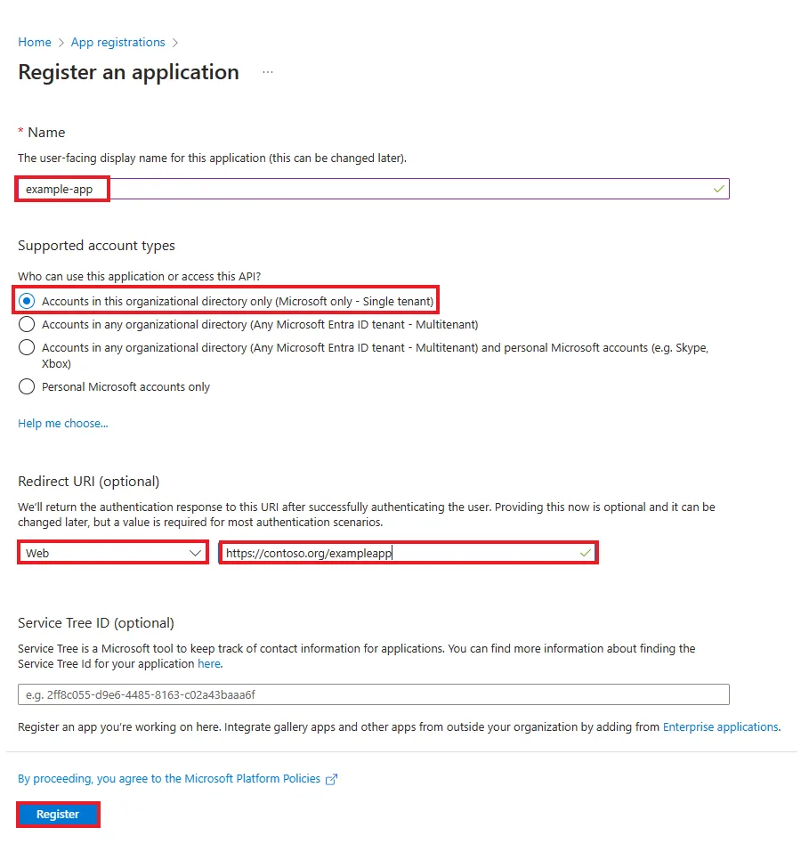 Microsoft Entra Register an application page with a name, the single-tenant account type selected, an optional Web redirect URI, and the Register button highlighted
