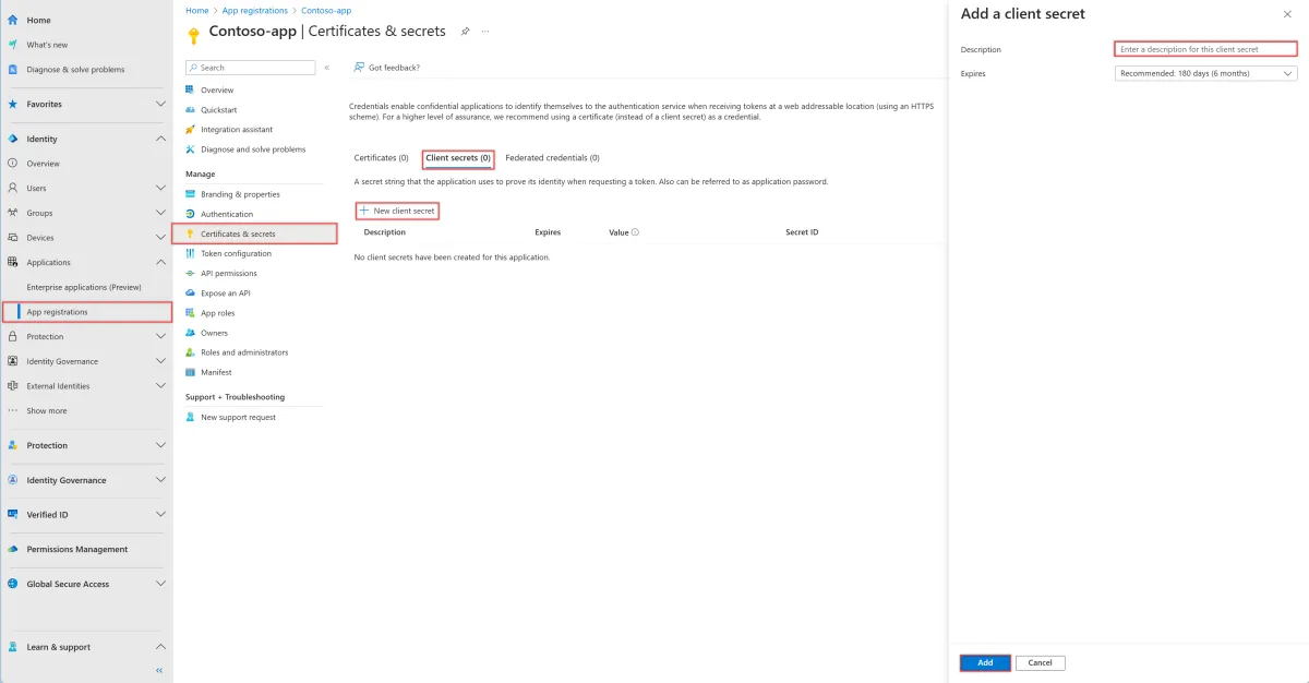 Microsoft Entra Certificates and secrets page with Client secrets and New client secret highlighted, and an Add a client secret panel showing Description, Expires, and Add