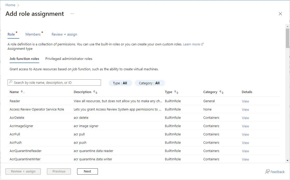 Azure Add role assignment page on the Role tab with Job function roles selected, a role search field, Reader in the results, and the Next button