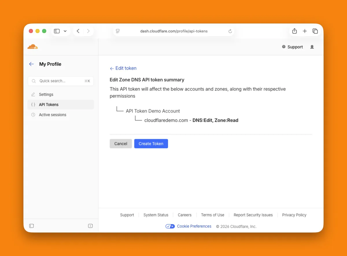 Cloudflare's token summary listing the selected zones and the DNS Edit permission