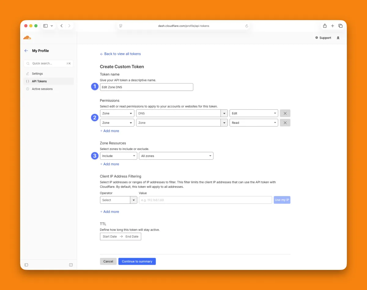 Cloudflare's Create Custom Token form with Zone DNS Edit and Zone Zone Read permissions and Zone Resources set to include all zones