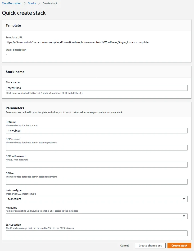 AWS CloudFormation Quick create stack page showing a template URL, prefilled stack name and parameters, and the Create stack button